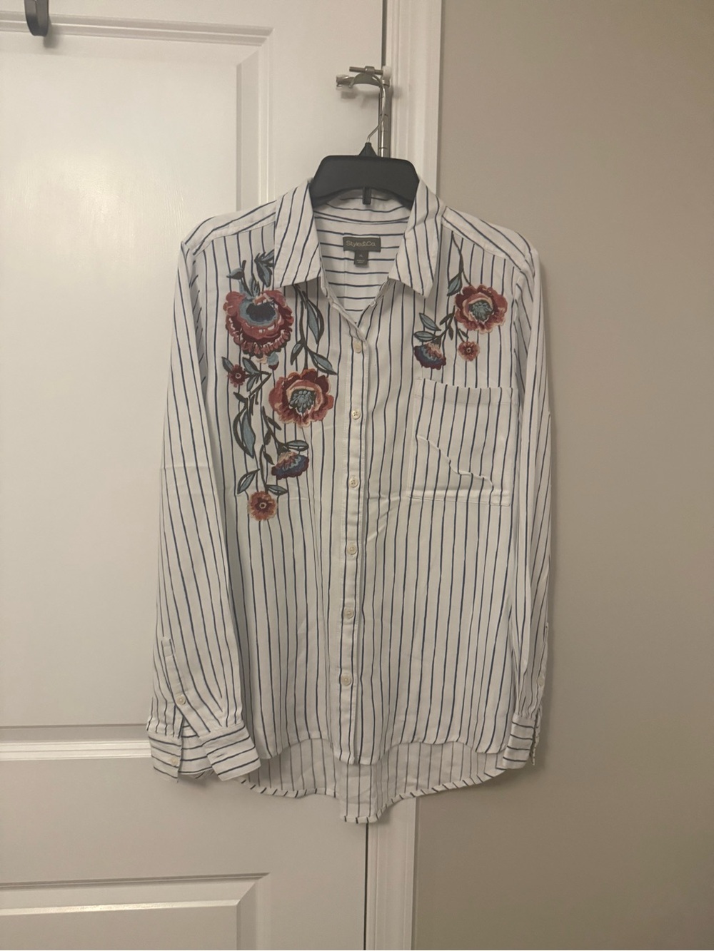 Style & Co. White Vertical-Stripe Button Down Shirt with Floral Embroidery